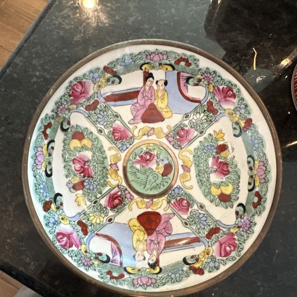 Antique Chinese Bowl w/ Pewter Bottom Porcelain White Pink Rose Design & Figures - Picture 1 of 7